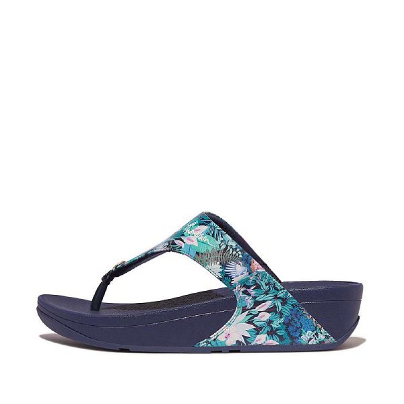 FitFlop Lulu X Jim Thompson Limited Edition Leather Toe-Post Women\'s Sandals Blue | 581BAJHDU