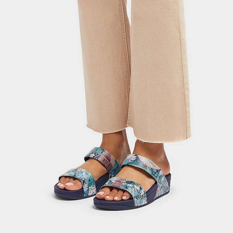 FitFlop Lulu X Jim Thompson Limited Edition Leather Women's Slides Blue | 459TCEPBK