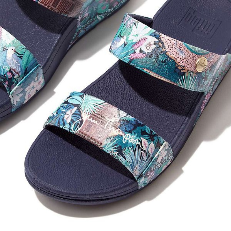 FitFlop Lulu X Jim Thompson Limited Edition Leather Women's Slides Blue | 459TCEPBK