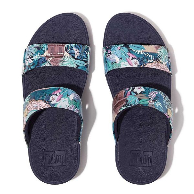 FitFlop Lulu X Jim Thompson Limited Edition Leather Women's Slides Blue | 459TCEPBK