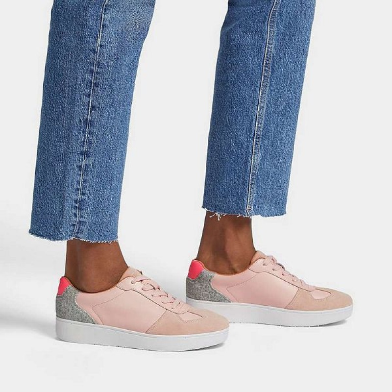 FitFlop Rally Leather Felt Panel Women's Sneakers Pink / Light Blue / Grey | 079DFIUJW