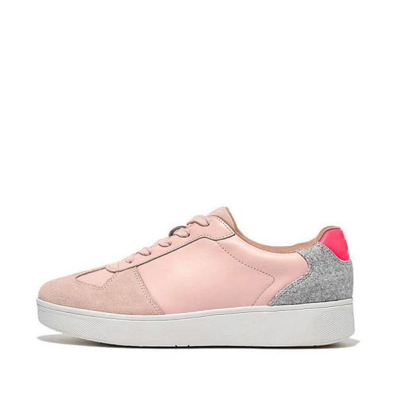 FitFlop Rally Leather Felt Panel Women\'s Sneakers Pink / Light Blue / Grey | 079DFIUJW