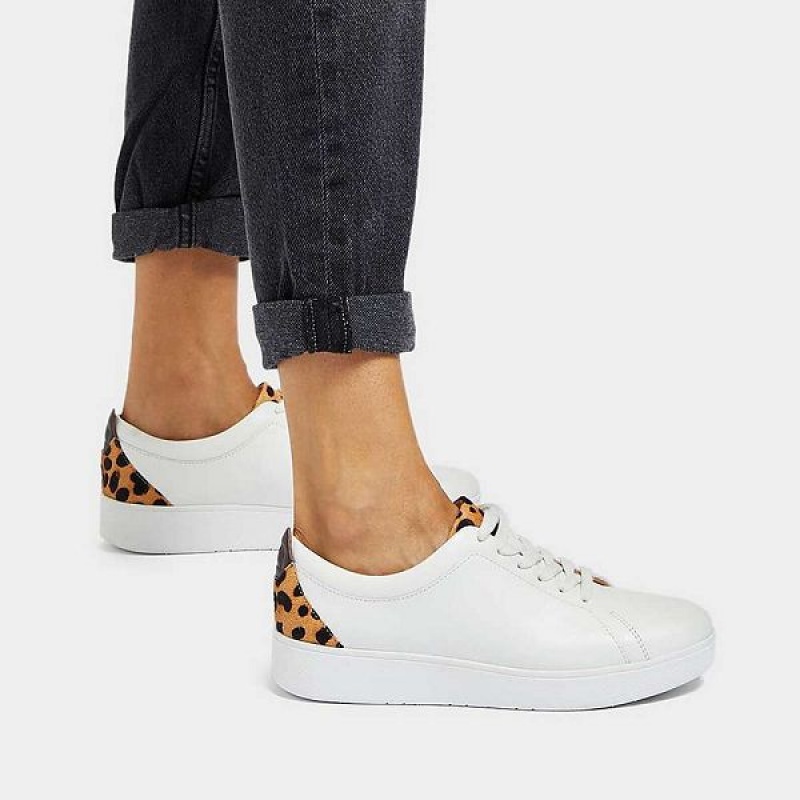 FitFlop Rally Leopard Back Leather Women's Sneakers White / Leopard | 327HNCYWZ