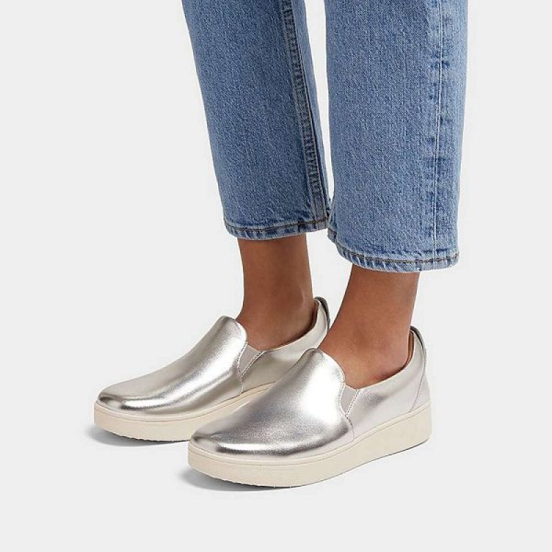 FitFlop Rally Metallic Leather Slip On Skate Women's Sneakers Silver | 241OHEKDM