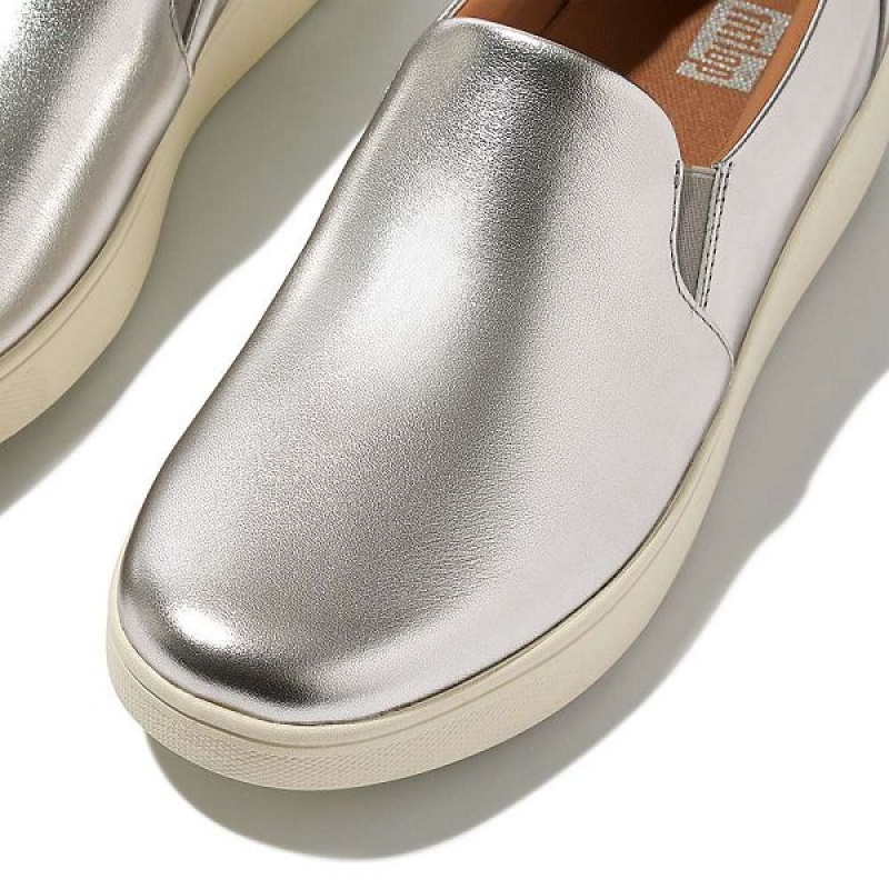 FitFlop Rally Metallic Leather Slip On Skate Women's Sneakers Silver | 241OHEKDM