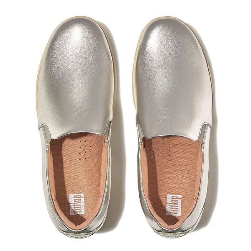 FitFlop Rally Metallic Leather Slip On Skate Women's Sneakers Silver | 241OHEKDM