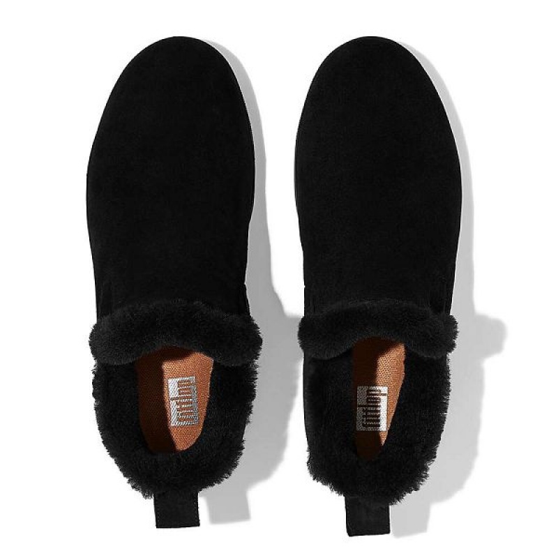 FitFlop Rally Shearling Lined Suede Slip On Women's Sneakers Black | 832LRPNCB