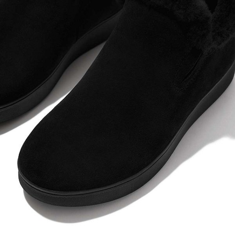 FitFlop Rally Shearling Lined Suede Slip On Women's Sneakers Black | 832LRPNCB