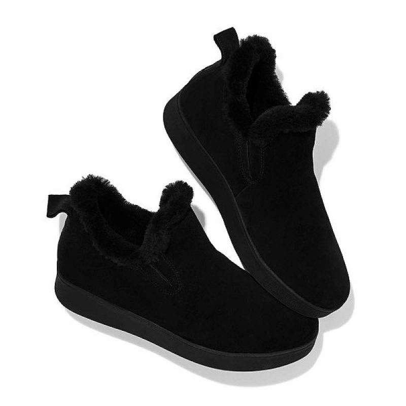 FitFlop Rally Shearling Lined Suede Slip On Women's Sneakers Black | 832LRPNCB