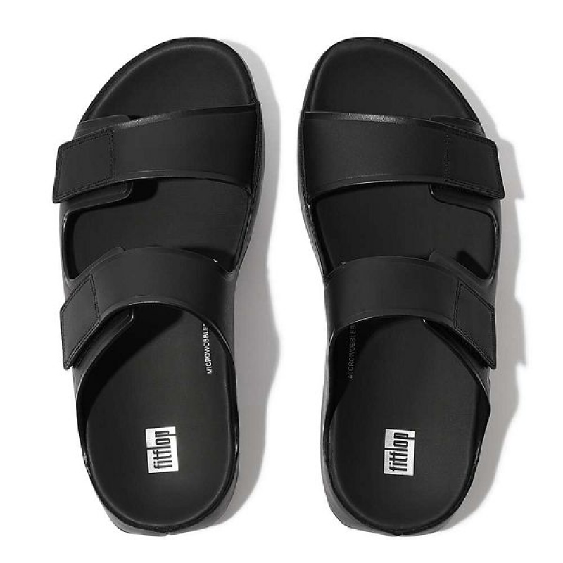 FitFlop Samel Adjustable Leather Men's Slides Black | 140JXBYTK