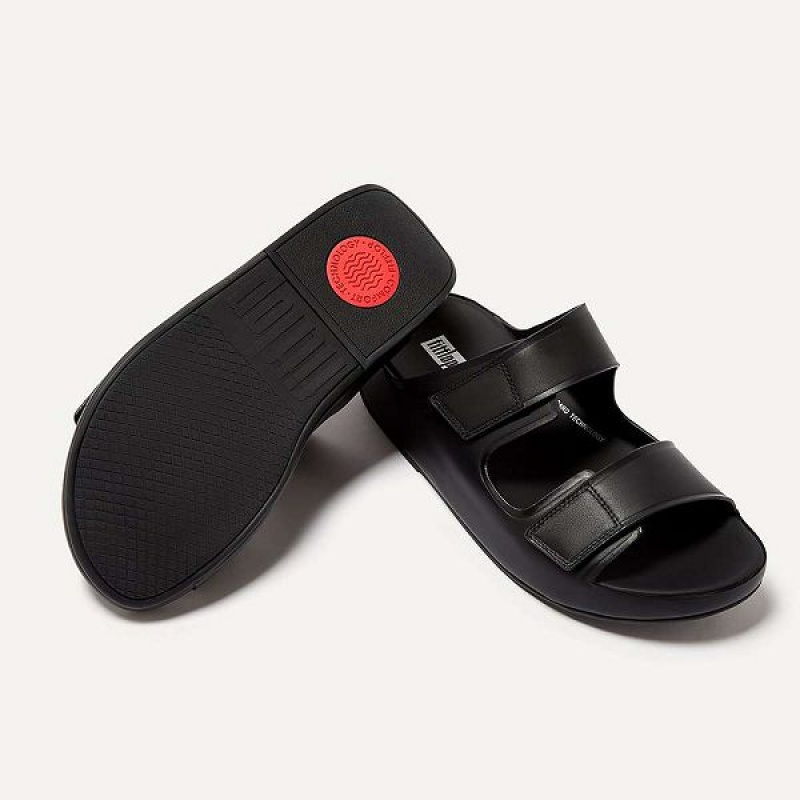 FitFlop Samel Adjustable Leather Men's Slides Black | 140JXBYTK