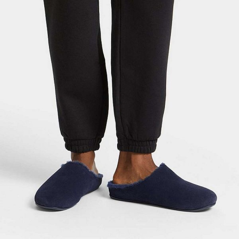 FitFlop Shove Shearling Lined Suede Men's Slippers Navy | 896OIMPHE