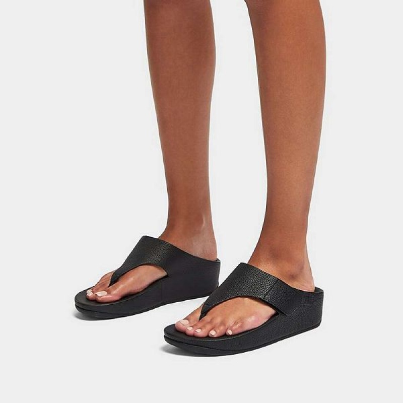 FitFlop Shuv Adjustable Raw Edge Tumbled Leather Toe-Post Women's Sandals Black | 925USYEIH