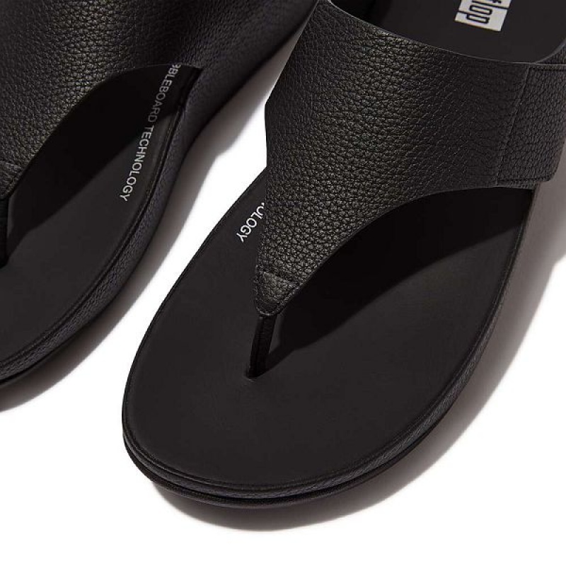 FitFlop Shuv Adjustable Raw Edge Tumbled Leather Toe-Post Women's Sandals Black | 925USYEIH