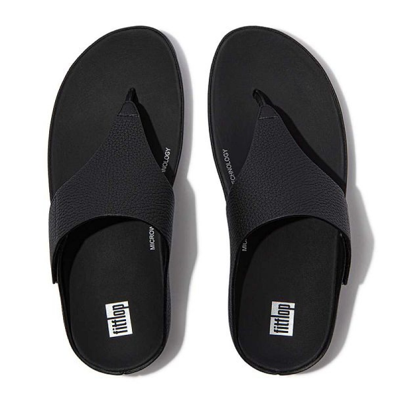 FitFlop Shuv Adjustable Raw Edge Tumbled Leather Toe-Post Women's Sandals Black | 925USYEIH