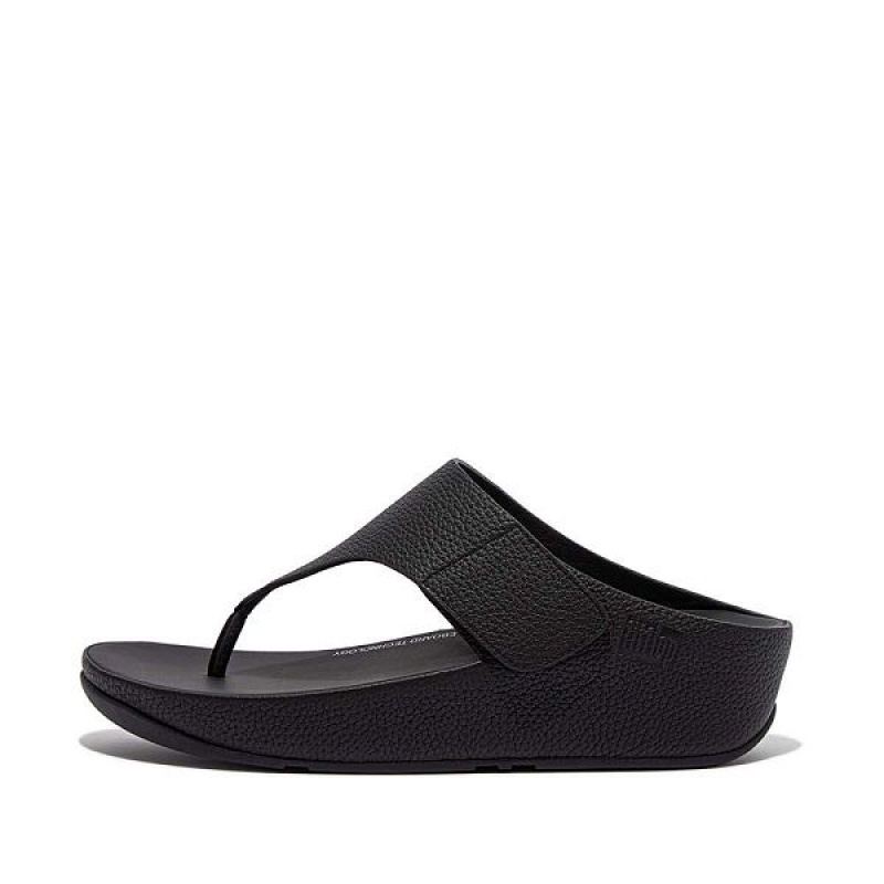 FitFlop Shuv Adjustable Raw Edge Tumbled Leather Toe-Post Women\'s Sandals Black | 925USYEIH