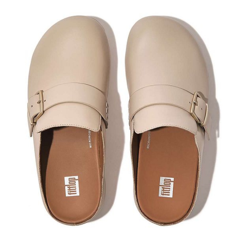 FitFlop Shuv Buckle Strap Leather Women's Clogs Grey / Beige | 103XQVSOH