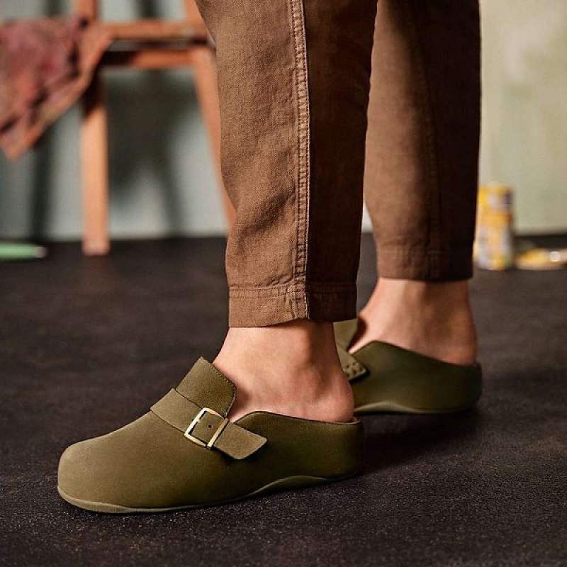 FitFlop Shuv Buckle Strap Nubuck Women's Clogs Olive / Green | 780CUXAIL