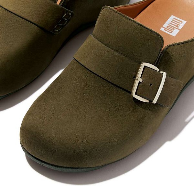 FitFlop Shuv Buckle Strap Nubuck Women's Clogs Olive / Green | 780CUXAIL