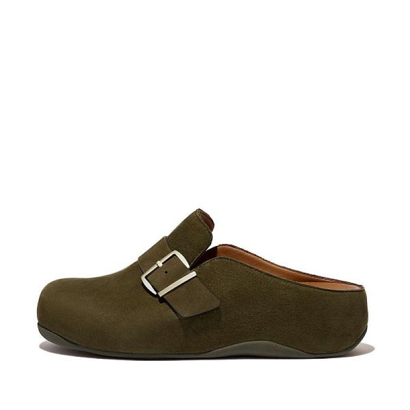 FitFlop Shuv Buckle Strap Nubuck Women\'s Clogs Olive / Green | 780CUXAIL