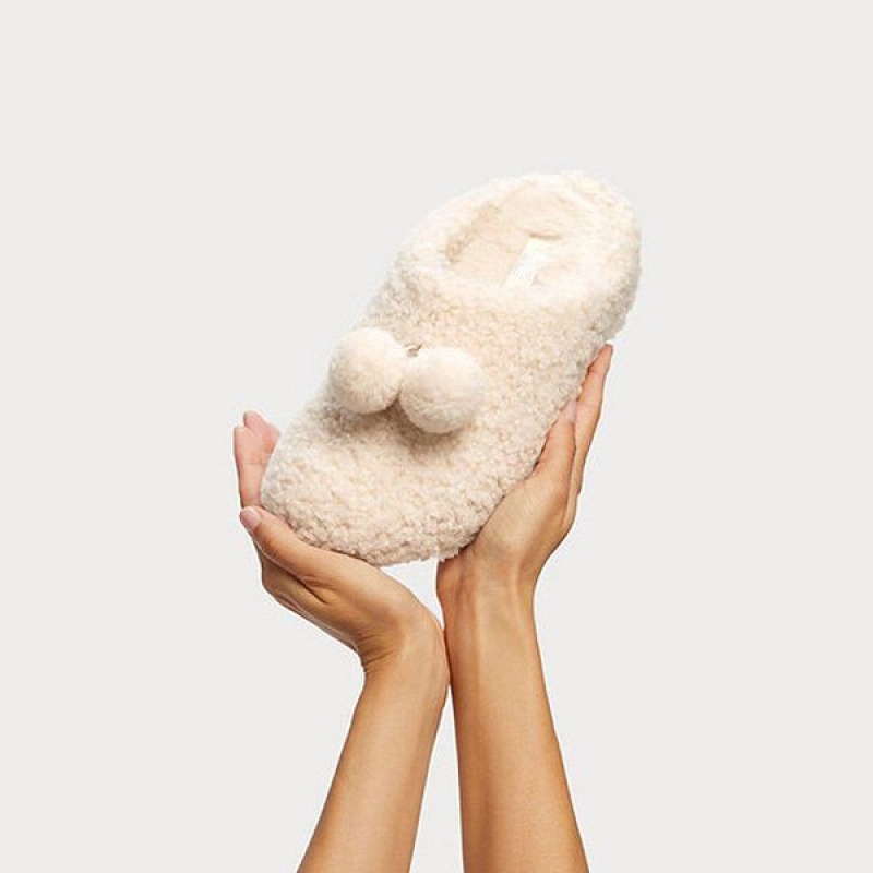 FitFlop Shuv Pom Pom Shearling Clog Women's Slippers White | 921ODEAQZ