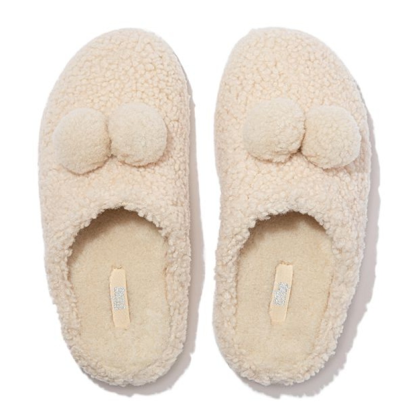 FitFlop Shuv Pom Pom Shearling Clog Women's Slippers White | 921ODEAQZ