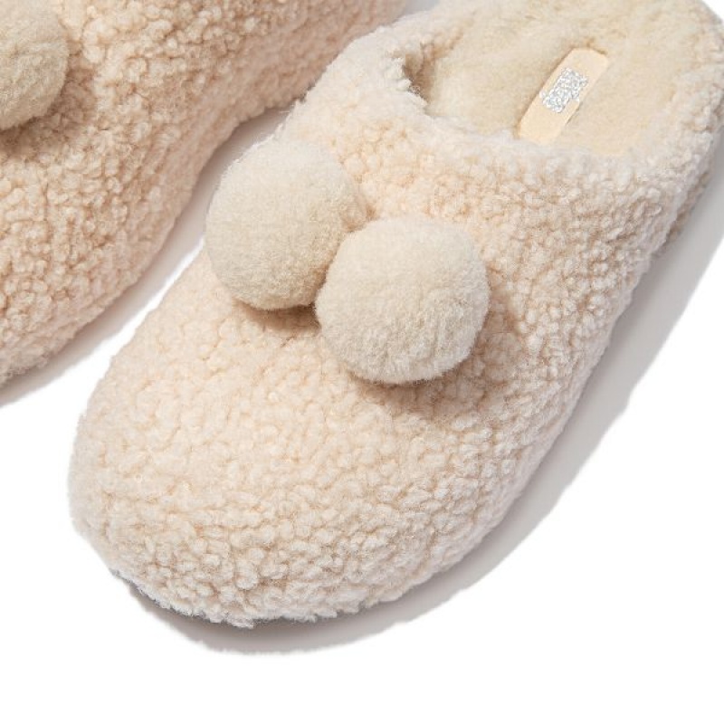 FitFlop Shuv Pom Pom Shearling Clog Women's Slippers White | 921ODEAQZ