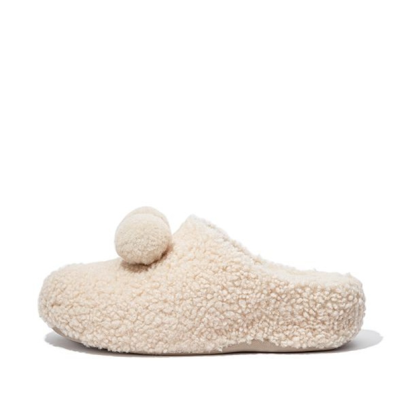 FitFlop Shuv Pom Pom Shearling Clog Women\'s Slippers White | 921ODEAQZ