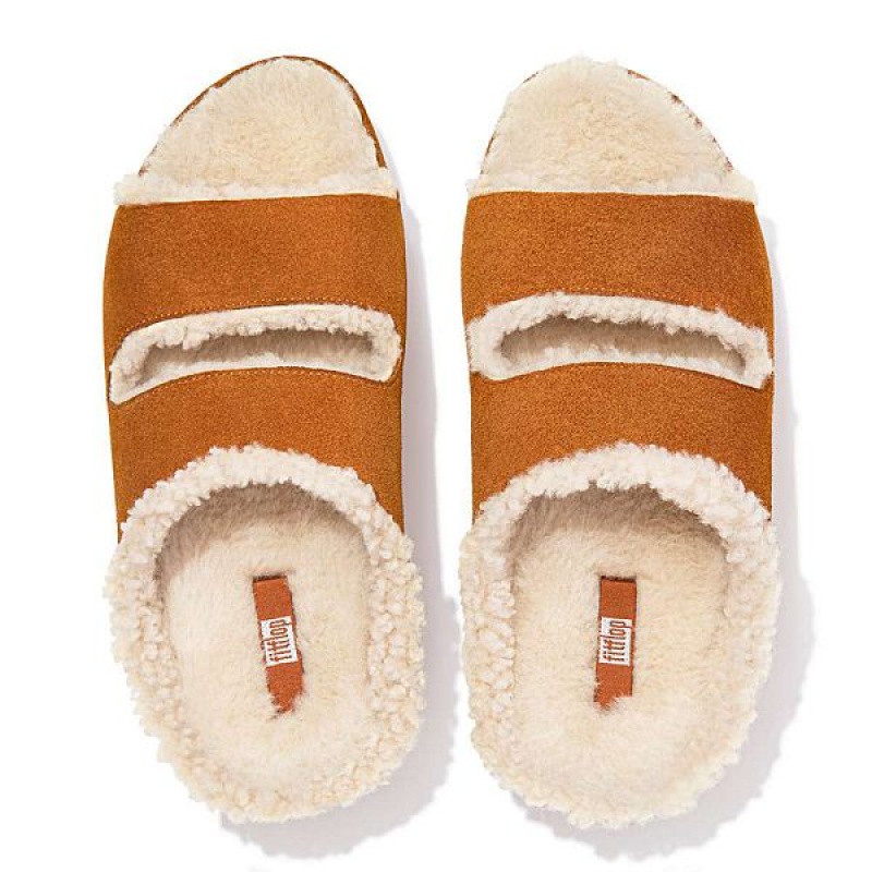 FitFlop Shuv Two Bar Shearling Suede Women's Slides Light Brown | 781OKQXSG