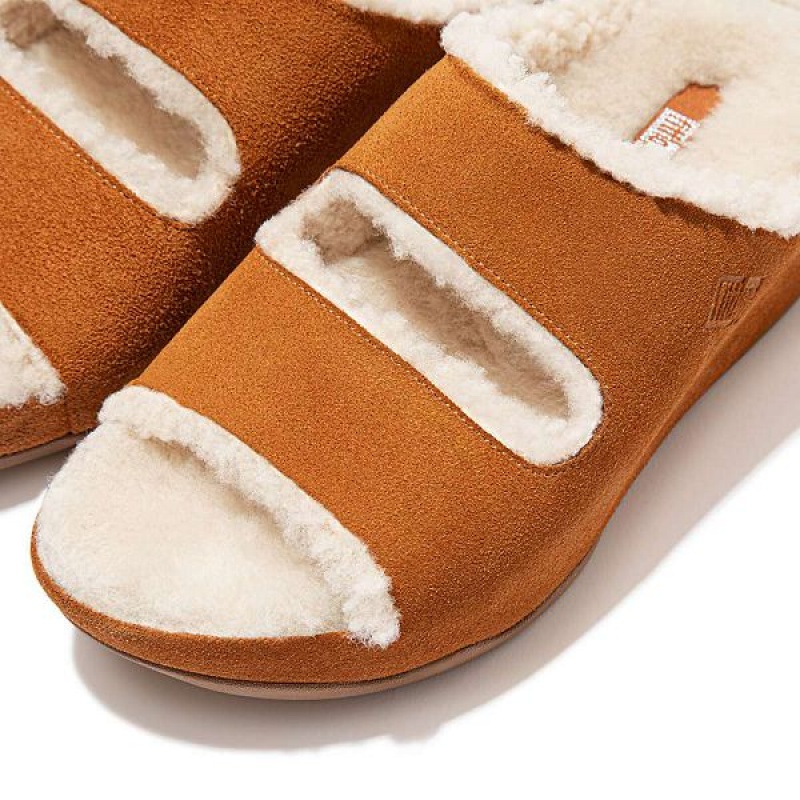 FitFlop Shuv Two Bar Shearling Suede Women's Slides Light Brown | 781OKQXSG