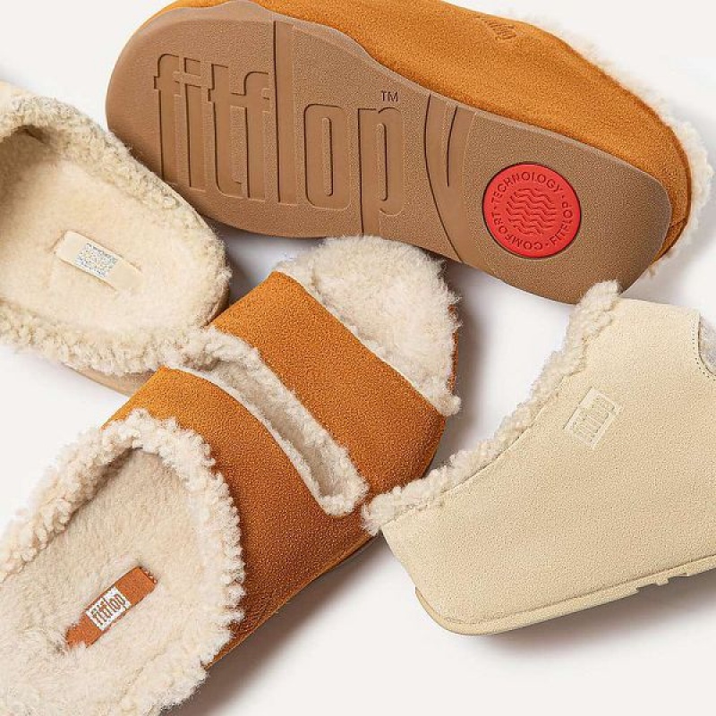 FitFlop Shuv Two Bar Shearling Suede Women's Slides Light Brown | 781OKQXSG