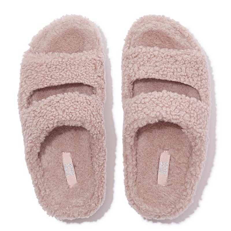 FitFlop Shuv Two Bar Shearling Women's Slides Pink | 291NBDEXJ