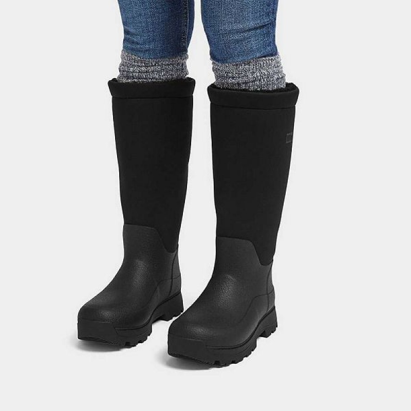 FitFlop Wonderwelly Atb High Performance Fleece Lined Roll Down Wellington Women's Rain Boots Black | 801OXPCTB