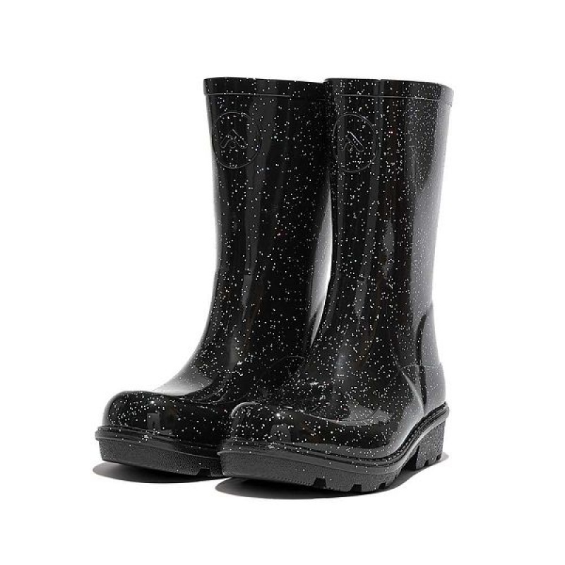 FitFlop Wonderwelly Junior Glitter Ergonomic Wellington Kids' Rain Boots Black | 524UIYGRA